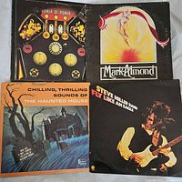 Overview photo showing four vintage vinyl records: Power of Power, Mark Almond, Chilling Thrilling Sounds of The Haunted House, and Steve Miller Band Fly Like an Eagle.
