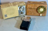 Photo showing all three radios together: cream Magnasonic electric radio, light brown TeleTone electric radio, and silver Imperial transistor radio with black case