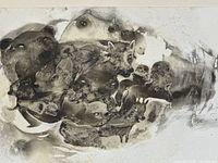 Close-up of black and white drawing showing various animals with textured effect from beeswax