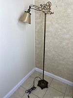 Full view of the vintage bridge floor lamp standing 57.5 inches tall showing overall structure, lampshade, and base.