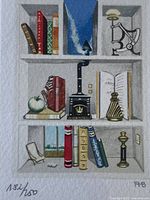 Photo of Fanny Brennan lithograph titled Nadines Bookcase showing detailed bookcase scene with various items and numbering 182/750 in lower left corner.