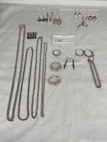 Full view of jewelry lot showing chains, earrings on display stand, rings and brooch laid out on white background.
