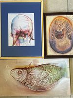 Three distinct artworks together: matted print of abstract animal, framed cat art, unframed fish art