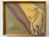 Framed oil painting showing abstract figure with floating smaller figure above, muted colors on canvas.