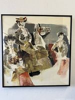 Full view of framed art print with bullfighting scene showing three figures including one on horseback in stylized mid-century modern style.