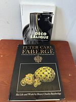 Two vintage art books, one on Carl Faberge and one on Deco Lalique, placed stacked on a wooden surface near a gray wall.