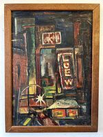 Front view of the oil painting showing the abstract cityscape with LOEWS signage and wooden frame.