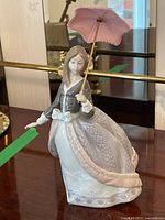 Front view of Lladro porcelain figurine of woman in Victorian-style dress holding a pink lace umbrella.