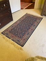 Full view of the rectangular patterned rug laid on light carpet showing fringed edges and border detail.