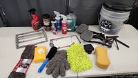 Photo showing entire car care lot including cleaning products, sponges, mirrors, frames, bucket, and mitts arranged on a table