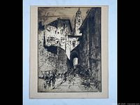 Full view of the original etching "Street in Puy" mounted on mat board