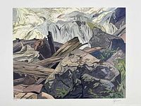 Close-up of lithograph image area showing rocky foreground and waterfall