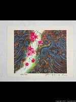 Full view of the signed limited edition lithograph art print featuring two blue stylized birds and pink flowers, with signature and edition number visible.