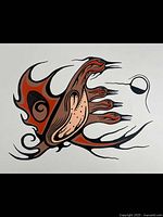 Close-up image showing the stylized indigenous bird design with flowing lines and earth tones on white background.