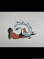 Front view of signed original silkscreen print depicting woman and duck artwork by Morley Kakepetum showing the colors and signature.