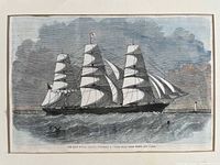 Color engraving of the East Indian Clipper Seaforth, a three-masted sailing ship under full sail shown on water with lighthouse in background under gray sky.