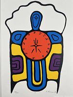 Full view of signed colorful silkscreen print by Brian Marion depicting abstract bird form with geometric shapes and bold colors.