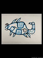 Full view of Bird-fish XVIII silkscreen art print by Brian Marion on white paper with black and blue abstract animal figure.