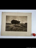 Full view of the engraving depicting sheep on a dirt path with trees in background, mounted on large sheet with some edge wear and slight discoloration.