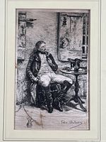 Close-up photo of the etching on silk showing the man sitting and smoking a pipe, signed by Felix Oudart on lower right.
