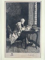 Black and white close-up image of the engraving showing the poet seated at a desk writing by window light.