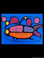 Close-up of vibrant blue background and stylized fish and birds motif