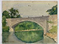Close-up of original watercolour painting of a stone arch bridge over a river, signed by Harrison Wiseman in the bottom left corner.