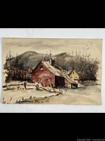 Front view of the watercolour painting showing the entire winter farm scene and signature.