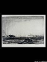 Full view of the etching showing the landscape scene with cows and sky filled with strokes representing clouds.
