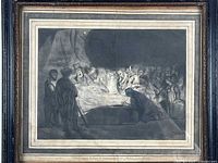 Framed etching portraying a detailed group scene with figures around a prone body, under dark shading. The print is visibly aged with some wear and contained in a dark frame with matting.
