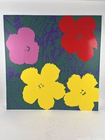 Front view of entire silkscreen print showing green background with purple stems and four colored flowers