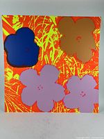 Full front view of multicolor flower silkscreen print on white background.