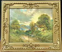 Full view of the antique chalk pastel painting with gilded wood frame showing the rural landscape scene.