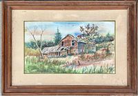 Frontal photo showing the entire framed watercolour painting featuring a rundown two-story wooden house in a rural field with surrounding foliage and a blue sky.
