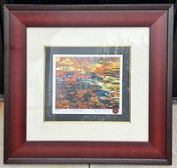 Overall view of framed ‘Red Maple’ print in mahogany-finish wood frame with double matting