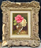 Full view of the antique ornate frame and oil painting, showing condition and details