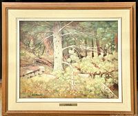 Framed oil on canvas painting showing entire artwork and frame with brass name plaque.