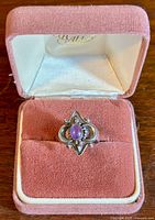 Vintage Etruscan style sterling silver ring with amethyst set in pink velvet box