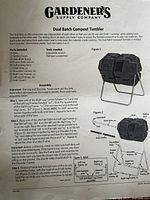 Assembly instructions of the Gardeners Supply Dual Batch Compost Tumbler showing parts and steps.
