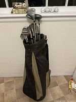Photo of golf clubs in carry bag, showing overall set and bag design