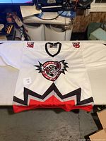 Front view of white Ottawa 67's hockey jersey with red and black chevron pattern and team logo on front.