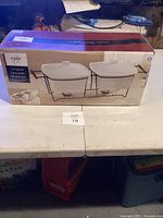 Photo of boxed B. Smith 1.5 Quart Double Warmer showing front of packaging and product image.