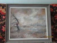 Full front view of the framed oil on board painting