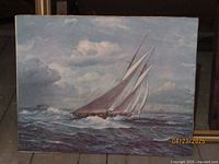 Full view of the offset print painting portraying a sailing ship amidst waves under a cloudy sky.