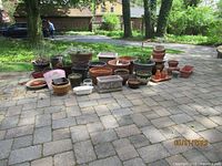 Wide shot of the entire assortment of garden pots and planters on paved ground outdoors, showing a variety of materials including ceramic, plastic, terracotta, and stone.