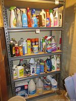 Photo of metal shelf filled with various household cleaning and laundry products, showing the construction and dimension of the shelf.