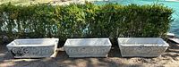 Front view of all three long rectangular cement planters arranged outdoors