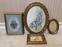Four framed botanical floral paintings arranged together showing various frame styles and sizes.