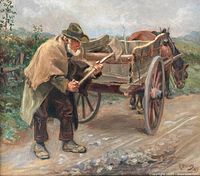 Close-up of painting showing farmer working on cart