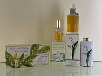 Full lot on shelf showing soap box, small perfume bottle with box, tall perfume bottle on its box and matching tin